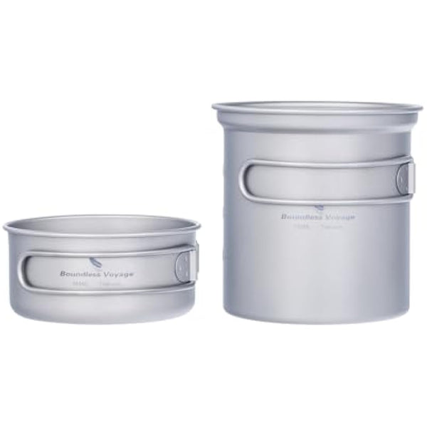 iBasingo Titanium Camping Pots Pans Set Lightweight Outdoor Backpacking Cookware with Folding Handle Compact Cooking Mess Kit Portable Travel Cookset, Rust-proof, Non-toxic