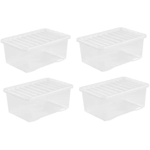 4 x 45L Plastic Storage Boxes Crystal Clear Box & Lid Suitable for all around the Home Office and Workplace Stackable Nestable Large Strong Boxes – 60 x 40 x 25 cm