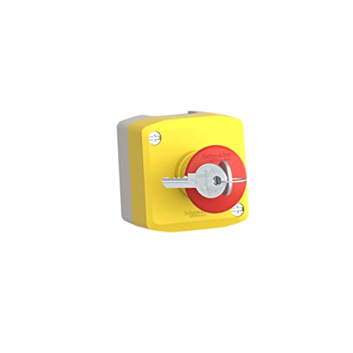 Schneider Electric Control station, plastic, yellow lid, 1 red mushroom push button Ø40, key release, 1 NO + 2 NC
