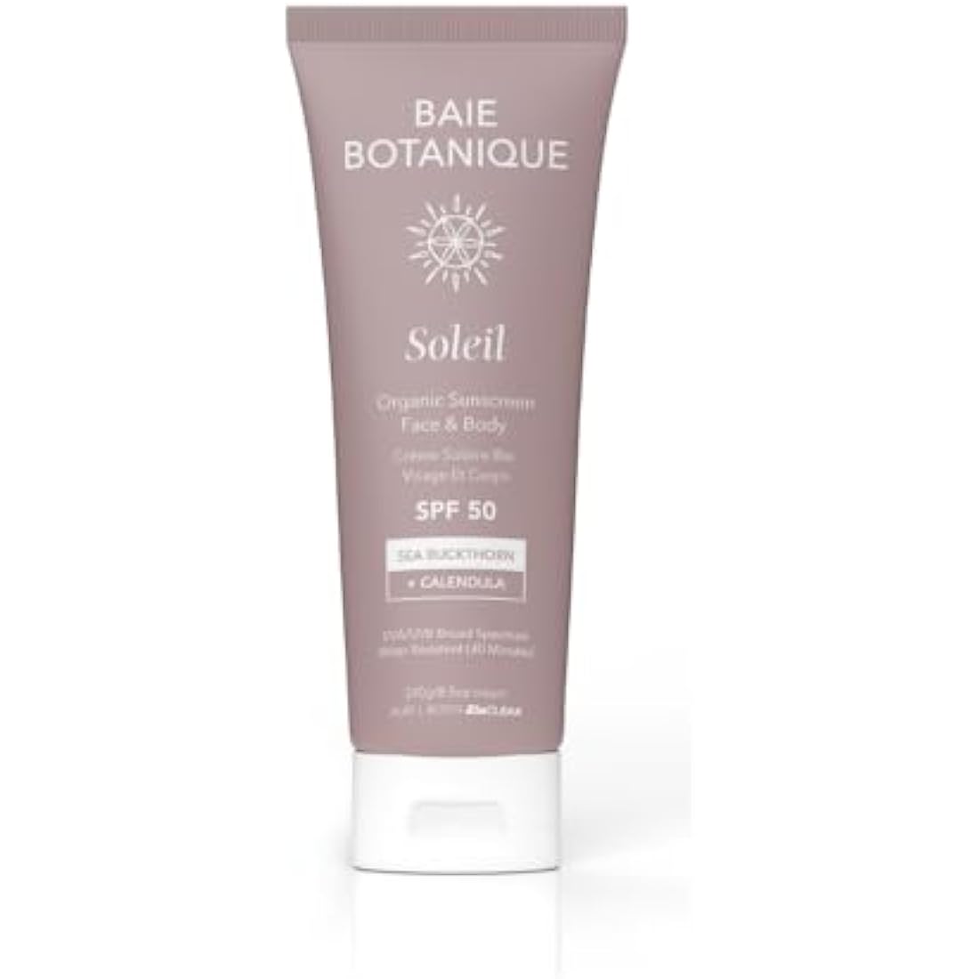 Baie Botanique Soleil - Organic Mineral Non Toxic Sunscreen - Face and Body Sunscreen Tube SPF 50 Sea Buckthorn & Calendula Natural Vegan No White Cast Chemical Filter Free Reef Safe UVA/UVB 240g