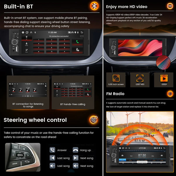 Navifly 2G+32G Universal 1 Din Android 6.86 Inch HD Touch Screen Wireless CarPlay Auto Car Radio Multimedia Video Player GPS FM