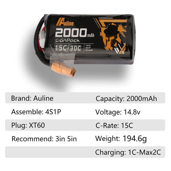 AuLine 2000mAh 4S 14.8V 15C XT60 18650 Li-Ion Battery