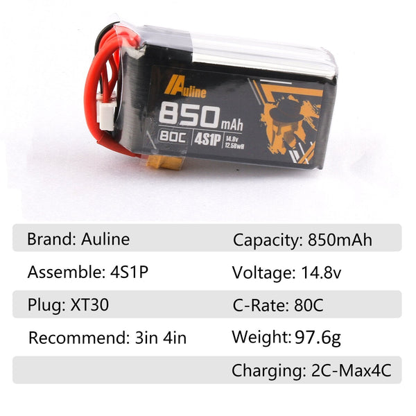 AuLine 850mAh 4S 14.8V 80C XT30 Lipo Battery