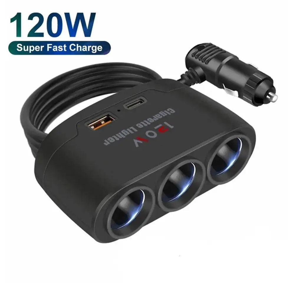 120W Car Charger Adapter 12V 24V PD QC3.0 Dual USB Socket Car Cigarette Lighter Splitter Fast Charger For Car DVR Dashcam
