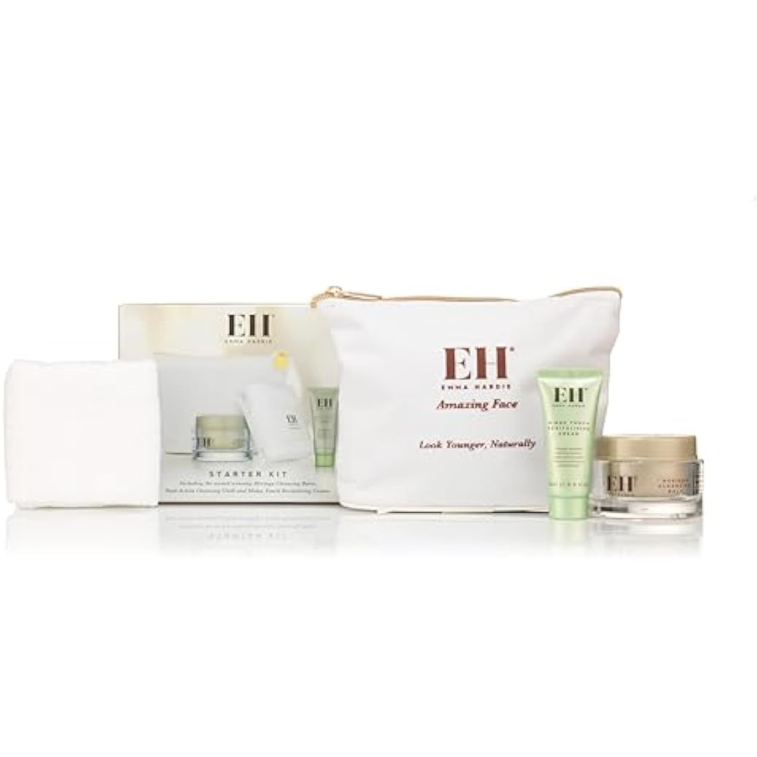 Emma Hardie Starter Kit: Travel Size 50ml Moringa Cleansing Balm, Travel Size 15ml Midas Touch Revitalising Cream & Professional Cleansing Cloth, Packed in a Cosmetic Bag, Natural & Cruelty Free