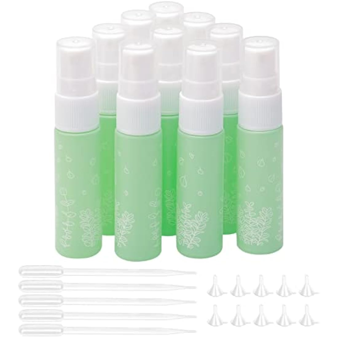 Unxuey 10 pcs 10 ml Green Perfumes Spray Bottles, Glass Empty Dispenser Atomizer Travel Size Refillable Sample Container for Various Water-based Liquids with 10 Funnels+5 Droppers