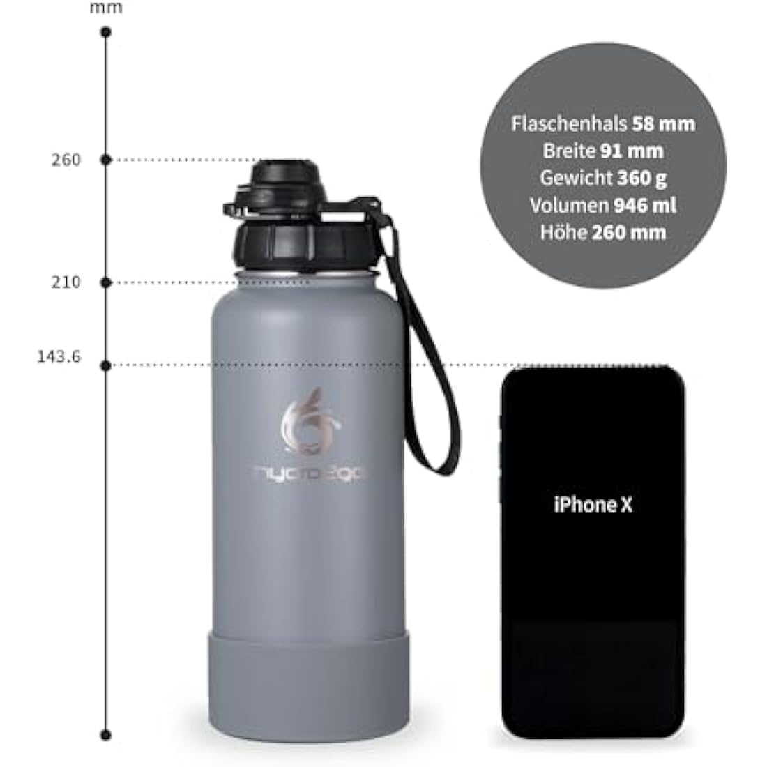 hydro2go Stainless Steel Water Bottle with Sports Lid – BPA-Free, Leak-Proof, Insulated Bottle for Sports & Outdoors, Keeps Drinks Cold 24h / Hot 12h (Quicksilver, 950 ml)