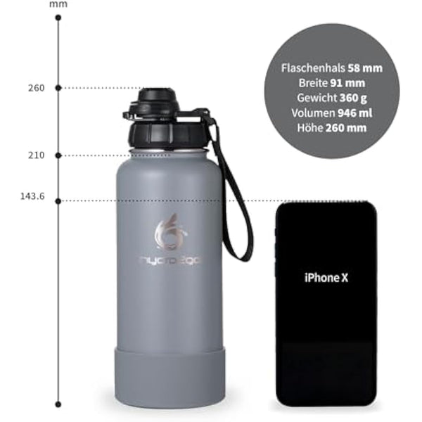 hydro2go Stainless Steel Water Bottle with Sports Lid – BPA-Free, Leak-Proof, Insulated Bottle for Sports & Outdoors, Keeps Drinks Cold 24h / Hot 12h (Quicksilver, 950 ml)