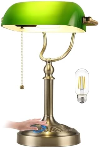 Newrays Green Glass Bankers Desk Lamp, Stepless Dimmable Table Lamp Plug in Fixture for Study, Office, LED Bulb Included
