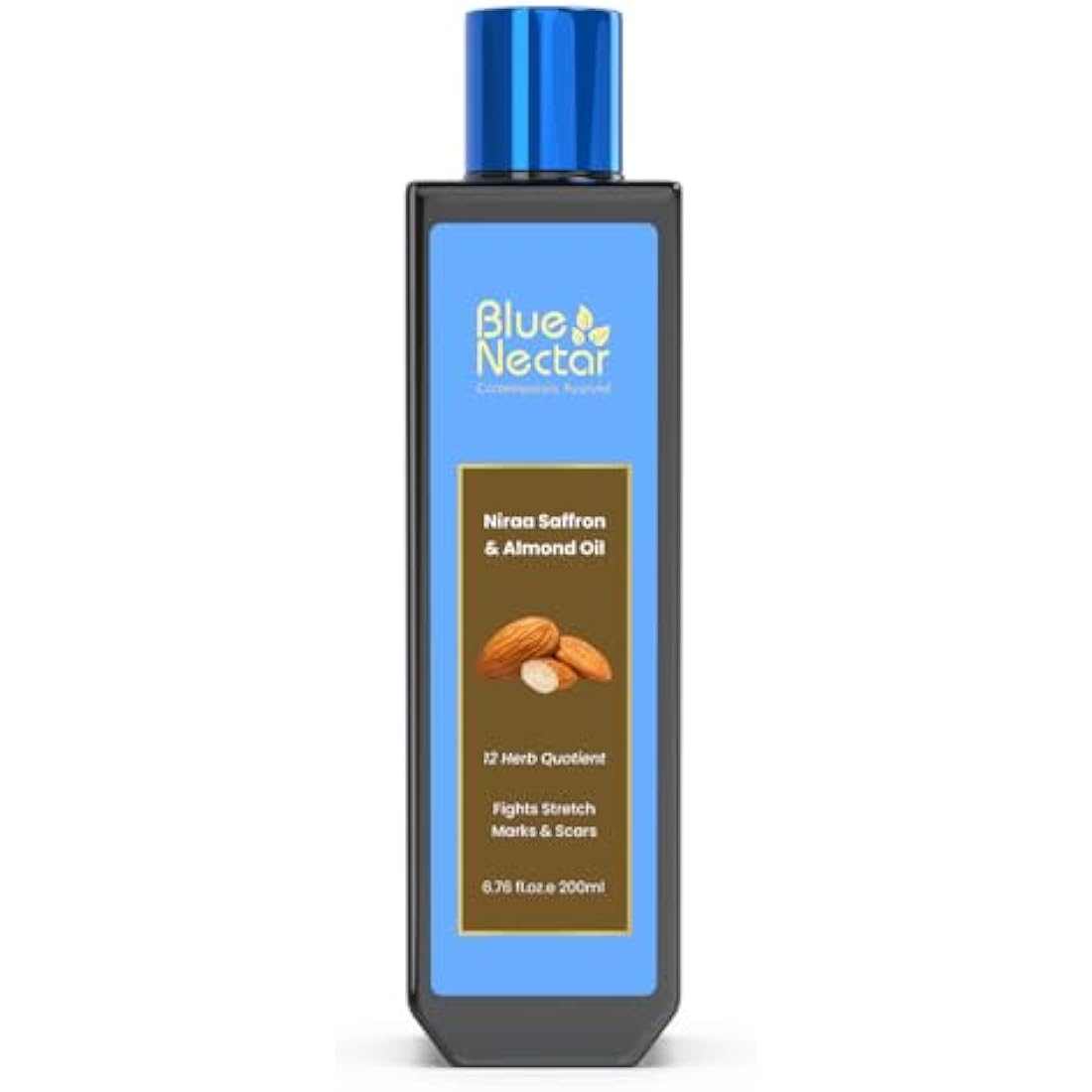 Blue Nectar Saffron & Almond Oil, Ayurveda Product for Crepey Skin | Skin Firming Body Oil for Stretch Marks (12 Herbs, 200ml