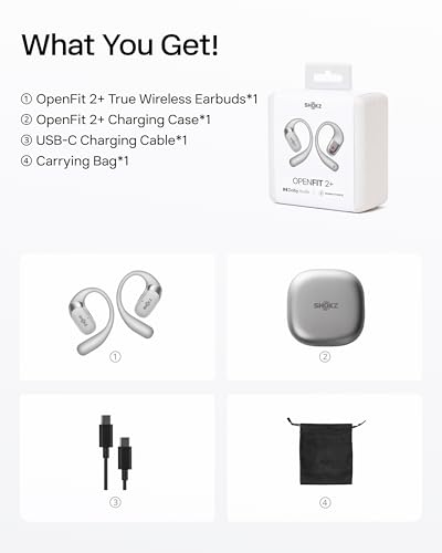 SHOKZ OpenFit 2 Open-Ear Headphones, True Wireless Bluetooth Earphones with Microphone, Earhook Earbuds with 48 Hours of Playtime, USB-C Fast Charging, IP55 Water-Resistant, with Carrying bag, Black