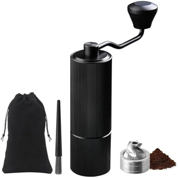 ELMWAY Manual Coffee Grinder – Stainless Steel Burr & Shaft, Dual Bearings, Lightweight Aluminium Body & Handle, Adjustable Grind, ABS Support Frame, Travel Pouch – Black