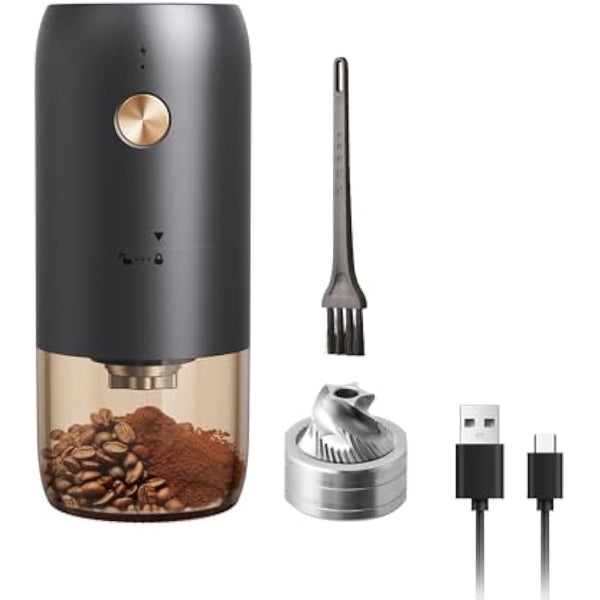 ELMWAY Mini Electric Coffee Grinder – Rechargeable & Portable, Stainless Steel Conical Burr, One-Touch Grinding with Auto Stop, Internal Adjustable Grind Settings, Perfect for Single Servings – Black