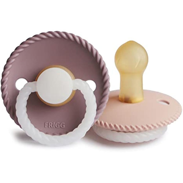 FRIGG Rope Night Latex Pacifier Pack of 2 | Natural Rubber Soother Dummy | Glow | BPA-Free | Made in Denmark | Symmetrical Cherry Shaped Nipple (Twilight Mauve Night/Blush Night, Size 1 (0-6 Months))