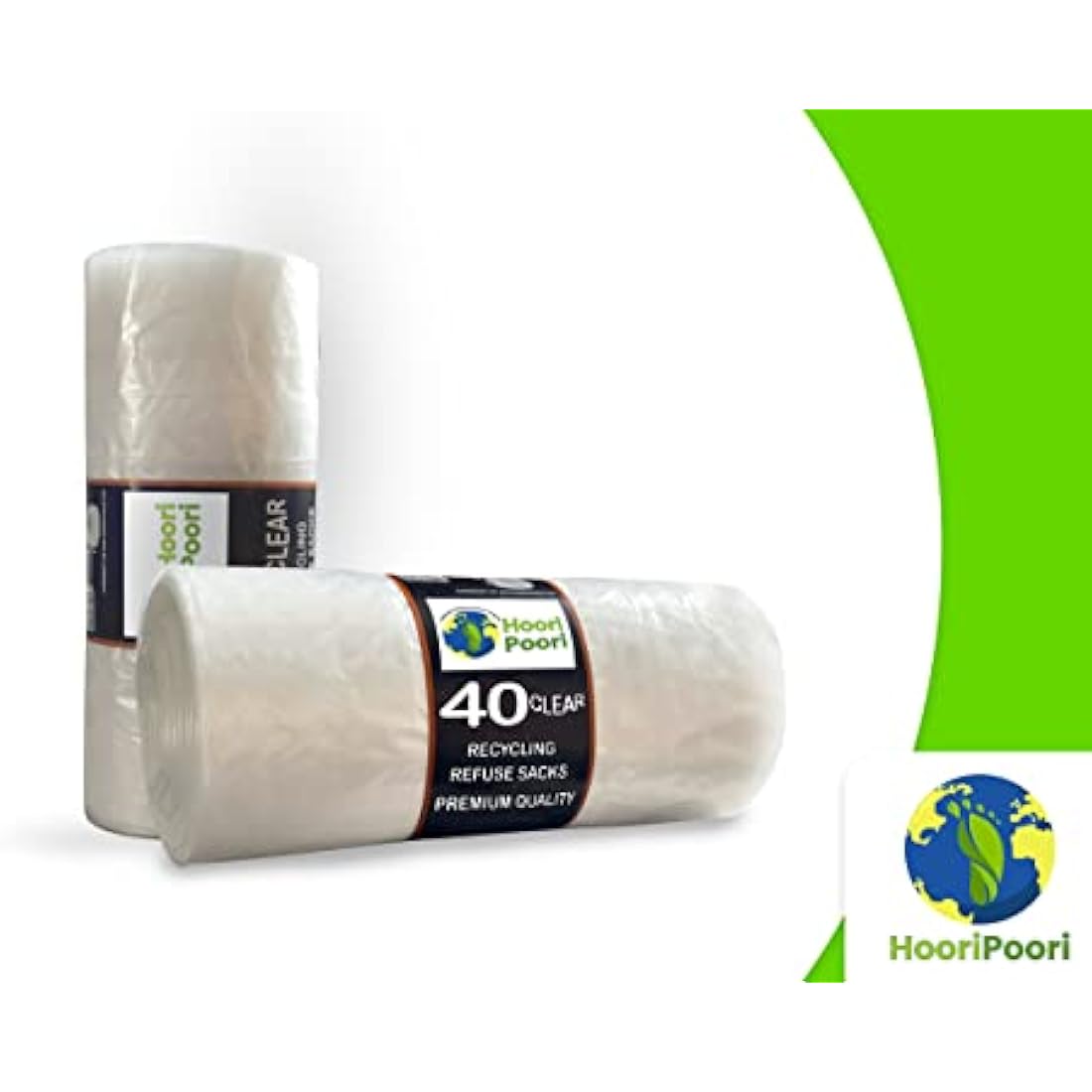 HooriPoori 100L 40 extra large Strong Clear Recycling Bags, 35 μm Strong Leak Tear Resistant, Transparent Bin Liners, See through heavy duty bin bag, Refuse Sacks 100% Recycled Material & Eco Friendly