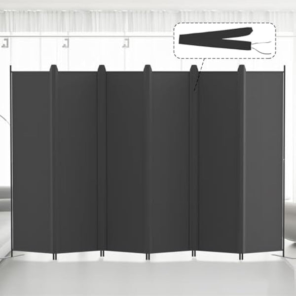 Kokorona 6 Panel Room Divider, 6FT Tall Folding Privacy Screen Wall Dividers, Portable Privacy Screen Freestanding Room Divider for Room Separation, Included-Cover Strips, Dark Grey, W 305 x H 183 cm