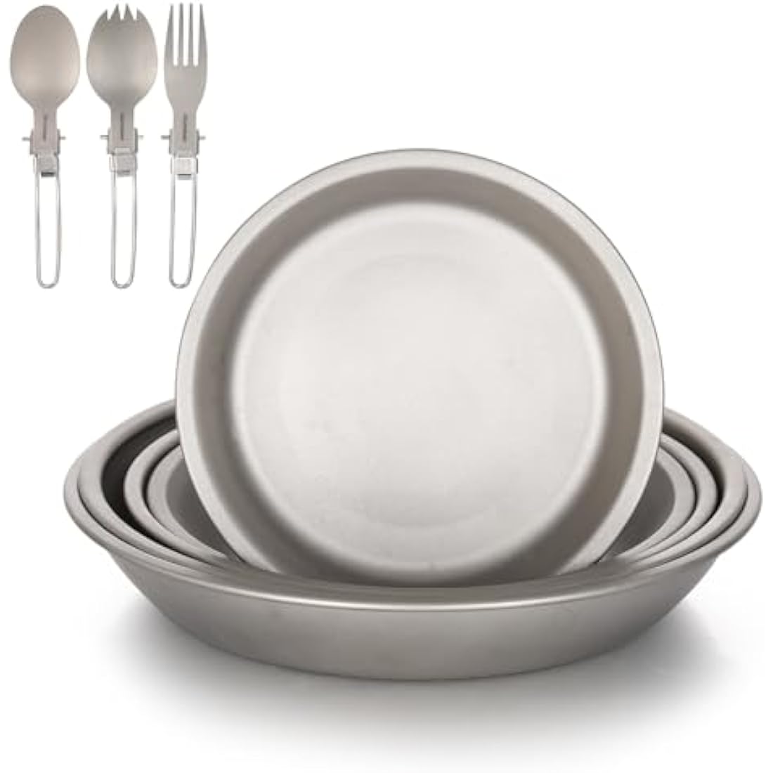Aomiun 8PC Titanium Camping Plates Set with Utensils | Ultralight 5-Stack Outdoor Dinnerware (5 Plates + 3 Foldable Cutlery) | Corrosion-Resistant for Backpacking, Hiking, Picnic