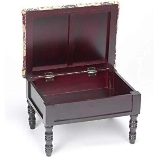 Floral Fabric Footstool with Storage Compartment and Padded Lid – Upholstered Ottoman for Living Room Comfort and Organisation with Dark Wood Classic Finish