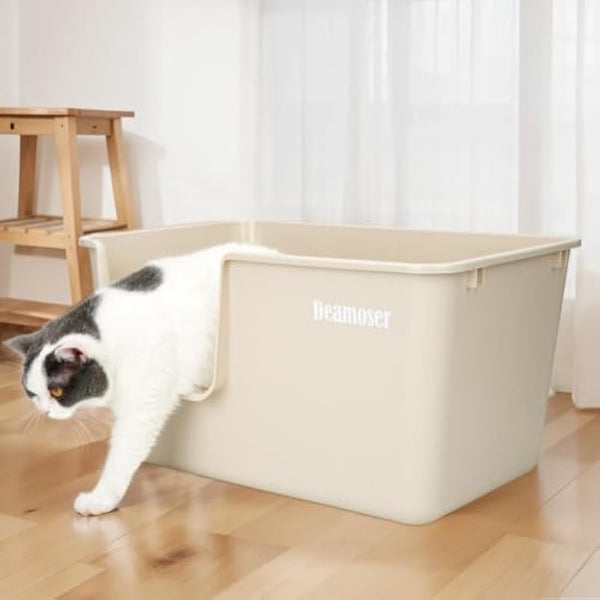 Extra Large High Sided Cat Litter Tray for Multi-Cat Households 54x31x32,Deep Cats Litter Box Anti-Splashing Beige