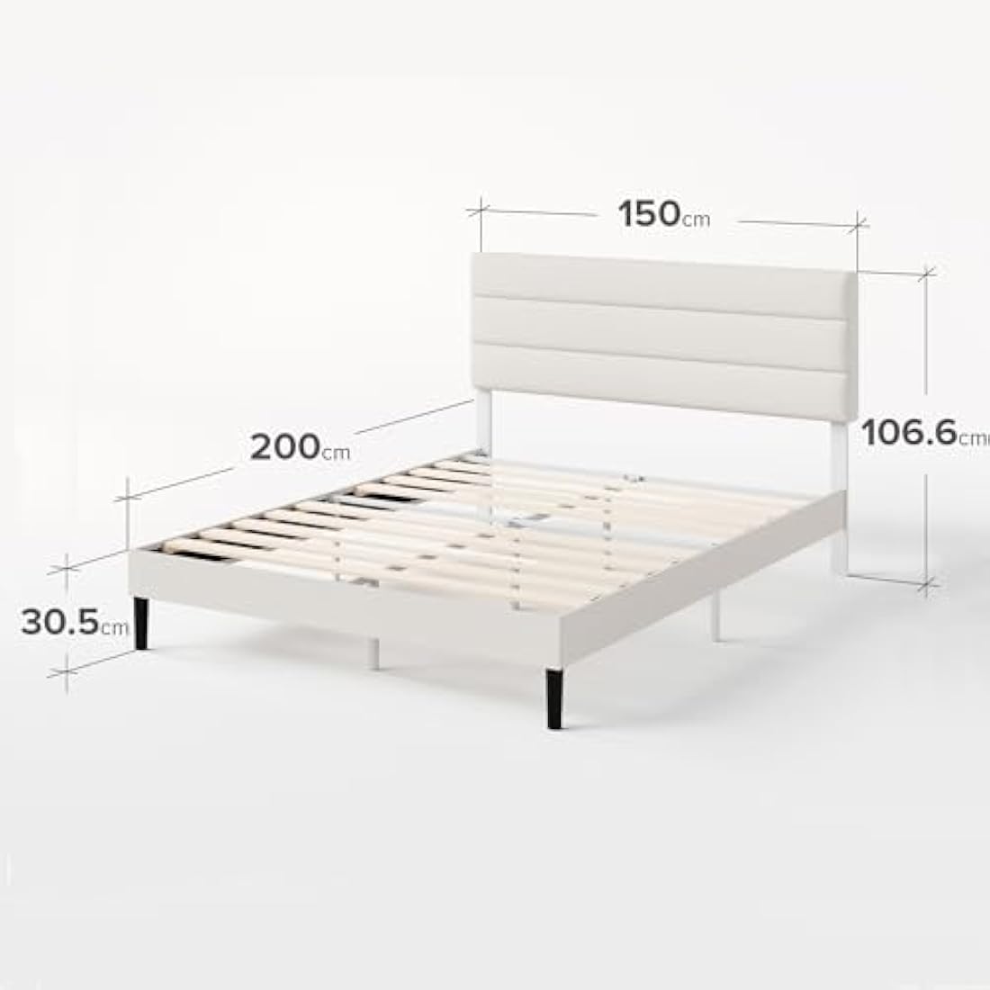 ZINUS Piper King Bed Frame – Bed 150 x 200 cm – 30cm Height – Upholstered platform bed frame with Headboard – Wooden slat support – Off White