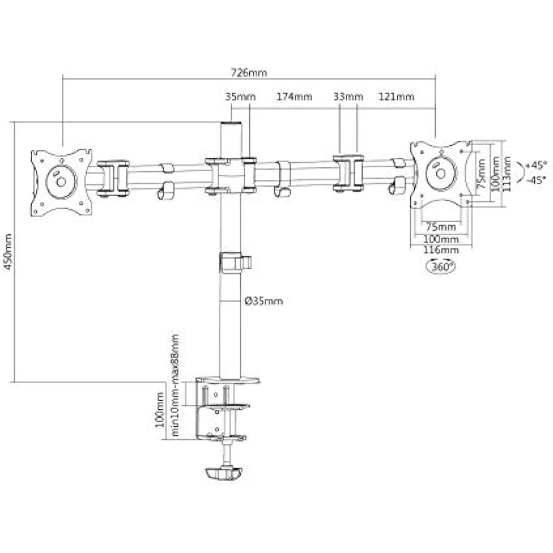 DIGITUS Monitor Bracket - Table Clamp - 2 Monitors - Up to 27 Inches - Up to 2x 8 kg - VESA 75x75, 100x100 - Black