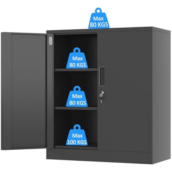 iJINGUR Metal Storage Cabinet with Locking Doors and 2 Adjustable Shelves, Small Lockable Storage Cupboard for Home Office Garage (Black)