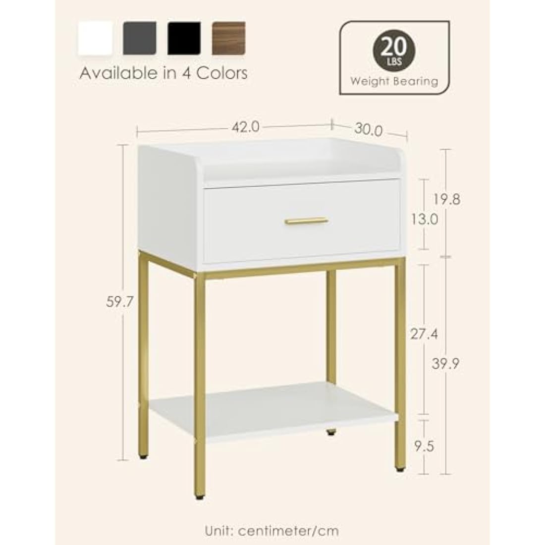 HEYZOEY Bedside Table, 3-Tier Bedside Cabinet with Storage Drawer and Open Shelf, Small End Side Table with Gold Legs for Bedroom, Living Room, White
