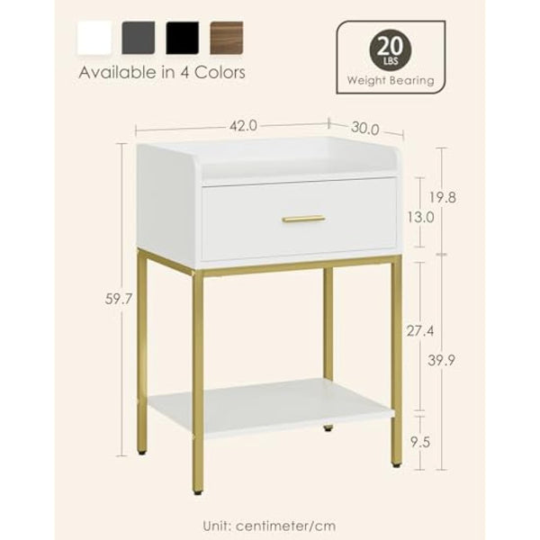 HEYZOEY Bedside Table, 3-Tier Bedside Cabinet with Storage Drawer and Open Shelf, Small End Side Table with Gold Legs for Bedroom, Living Room, White