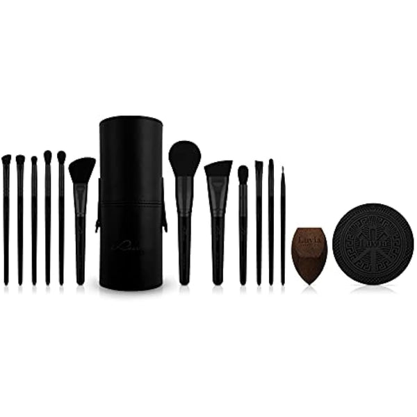 Luvia Prime Vegan Pro Make-Up Brush Set, Black, 12 Makeup Brushes Including Brush Storage, Blender Sponge & Cleaning Mat for Cosmetic Brushes, Black & Rose Gold