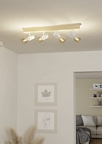 EGLO Townshend 3 ceiling lamp, 4 flame vintage ceiling spot in industrial design, retro lamp made of steel and wood, white, brown, E27 socket