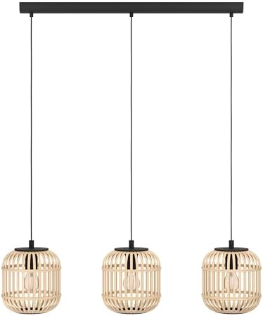 EGLO Bordesley Pendant Light, 3-Bulb Vintage, Natural, Boho, Hygge, Pendant Light Made of Steel in Black and Wood in Natural Colours, Dining Table Lamp, Living Room Lamp Hanging with E27 Socket