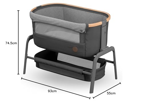 Maxi-Cosi Iora Co-Sleeper Crib, Foldable Baby Bedside Crib, 0–6 Months, max 9 kg, 4 Incline & 5 Height Positions, Easy Slide, Comfortable Mattress, Large Basket, Easy to Carry, Essential Grey