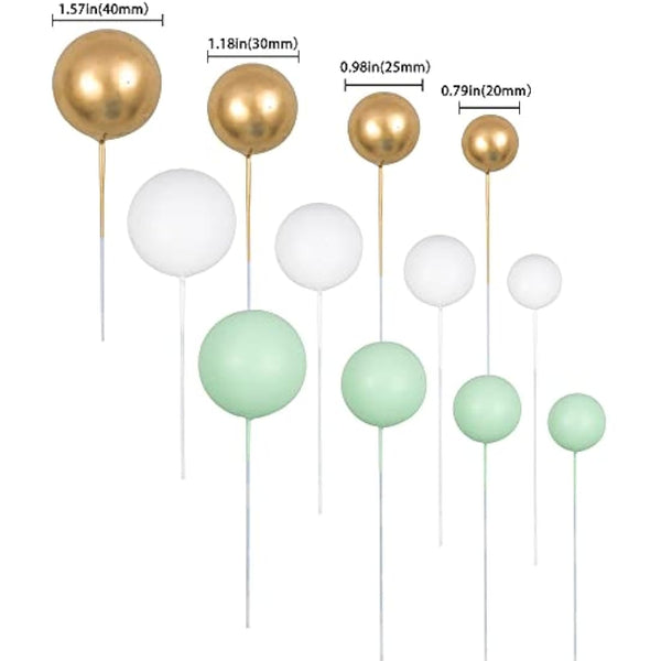 Gyufise 30Pcs Balls Cake Topper Mini Balloons Cupcake Topper DIY Cake Insert Topper Foam Cake Balls Baking Decoration for Wedding Anniversary Valentines Day Birthday Party Green Gold White