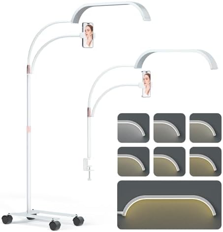 Lmaqfum Lash Light for Eyelash Extensions, 2 in 1 Half Moon Lamp with Phone Holder & 50cm Swing Arm, 7 Colours & Stepless Dimming, Esthetician Light with Wheel Stand for Eyelash Extension, White