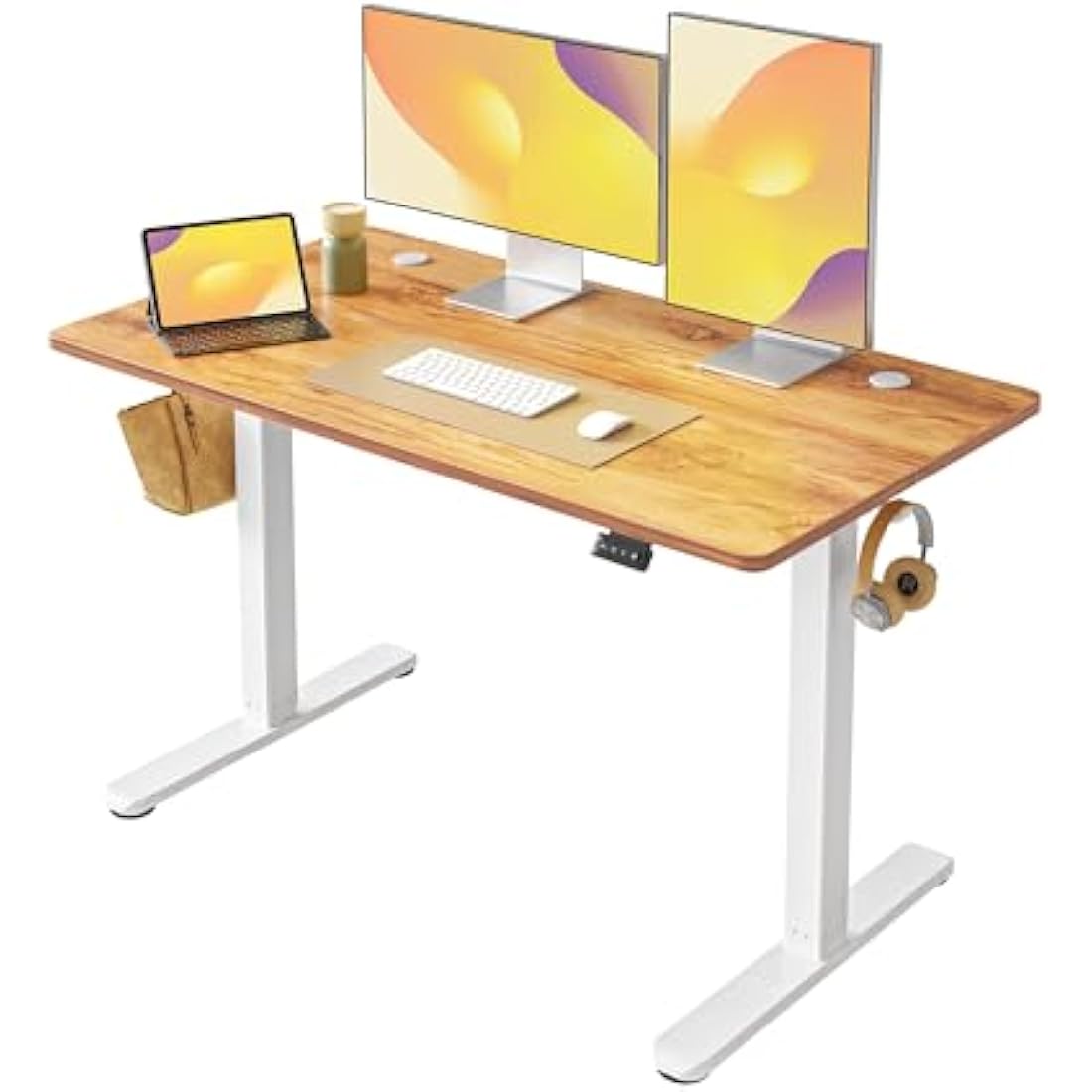 FEZIBO Electric Height Adjustable Standing Desk, 60x120cm Ergonomic Home Office Table with Splice Board & Light Brown Wood Grain Surface, Upgraded Stable Steel Frame for Sit-Stand Workstation