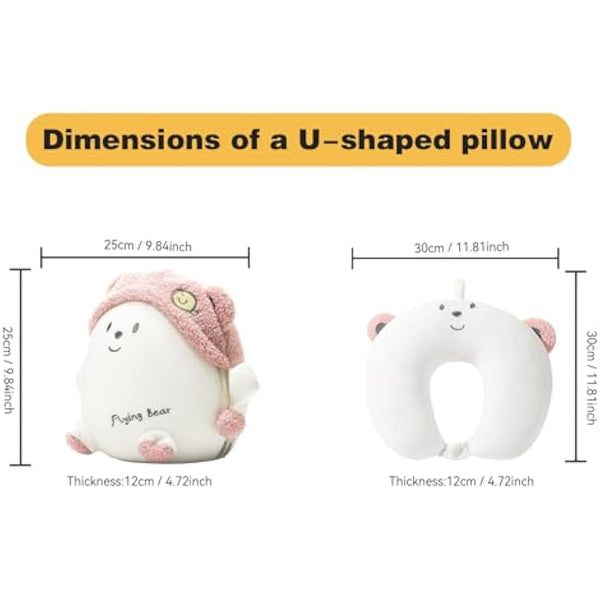 JOYRAVO Kids Travel Pillow - 2-in-1 Deformable Neck Pillow, Soft U-Shaped Pillow with Cute Plush Animals Comfy Sleep and Play Companion for Airplanes, Cars, and Travel - Pink Bear