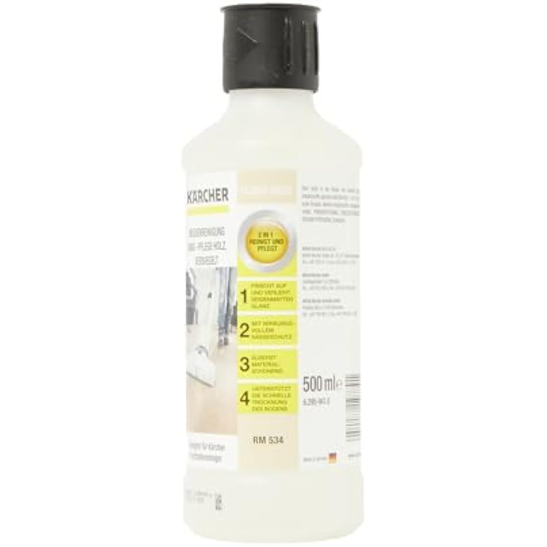 Kärcher floor cleaning and care RM 534 for sealed wooden floors, with effective moisture protection against swelling of the floor, 500ml concentrate makes 40l cleaning liquid when diluted.