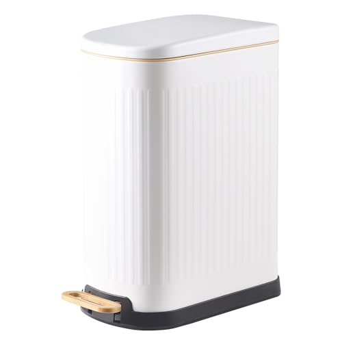 ELPHECO Slim Bathroom Trash Can Foot-Operated Stainless Steel Garbage Can with Soft Close Lid Step Trash Bin with Removable Inner Bucket for Bedroom, Office, Kitchen (White, 3.5 Gallons)