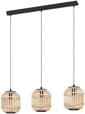 EGLO Bordesley Pendant Light, 3-Bulb Vintage, Natural, Boho, Hygge, Pendant Light Made of Steel in Black and Wood in Natural Colours, Dining Table Lamp, Living Room Lamp Hanging with E27 Socket