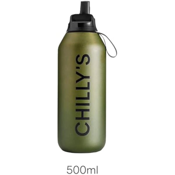 Chilly's Series 2 Flip Water Bottle with Sports Lid, Telescopic Straw and Nylon Carry Loop - Easy Flip Lid, Straw Cleaning Brush Included