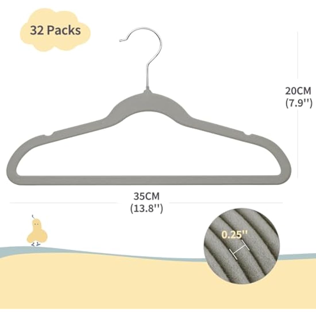 ManGotree 35cm Premium Kids Velvet Hangers, Ultra-thin Children's Clothes Hangers with 360° Swivel Hook, Non-slip Felt Hangers for Youth, Sturdy (32 Pack, Grey)
