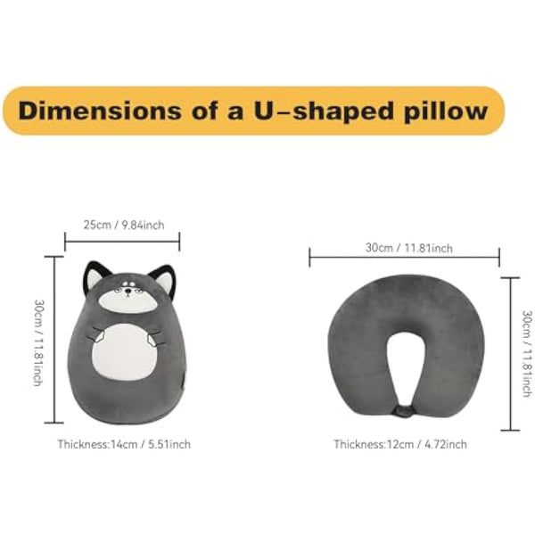 JOYRAVO Kids Travel Pillow - 2-in-1 Deformable Neck Pillow, Soft U-Shaped Pillow with Cute Plush Animals Comfy Sleep and Play Companion for Airplanes, Cars, and Travel - Husky