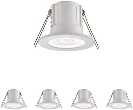 Fire Rated Downlights, Matt White Slimline Bathroom/Shower IP65 Ceiling Lights, LED Cool White 4000K, 8.5W 820 Lumens, 60 Degree Beam Angle, Long-Life 25,000 Hours - Pack of 4