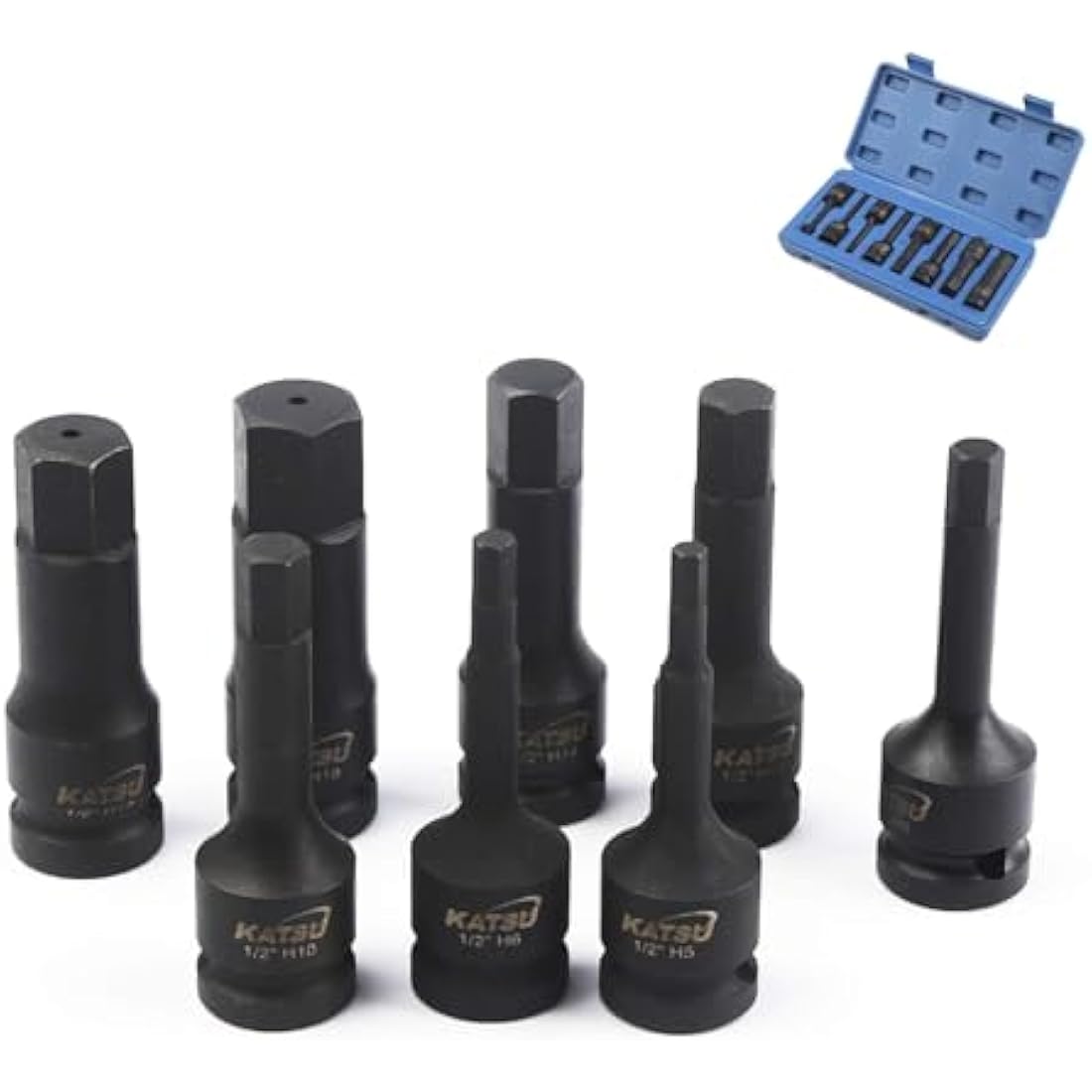 KATSU 1/2 Inch Drive Hex Allen Deep Impact Socket Set 8PCs 5-19mm Heavy Duty Metric Socket Bits, High Grade Chrome-Moly Steel, Automotive Trucks Tractors Engines Repairing Tool 420410