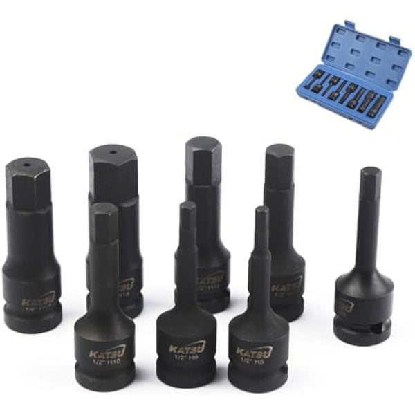 KATSU 1/2 Inch Drive Hex Allen Deep Impact Socket Set 8PCs 5-19mm Heavy Duty Metric Socket Bits, High Grade Chrome-Moly Steel, Automotive Trucks Tractors Engines Repairing Tool 420410