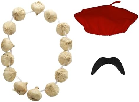 Adult Unisex French Day 3 Pieces Beret Moustache & Onion Garland Fancy Dress Set Costume