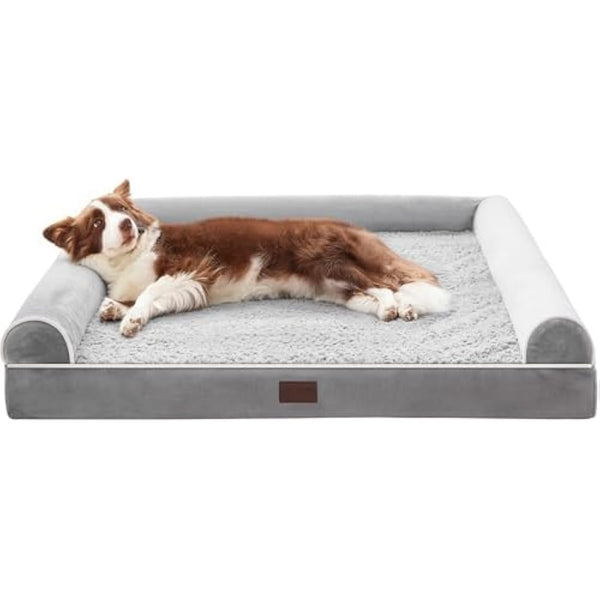 WESTERN HOME Dog Beds Large Washable,Soft Orthopedic Extra Large Waterproof Dog Beds with Removable Washable Cover,with U-Shape Bolster Grey,71 x 58 x 16.5 cm
