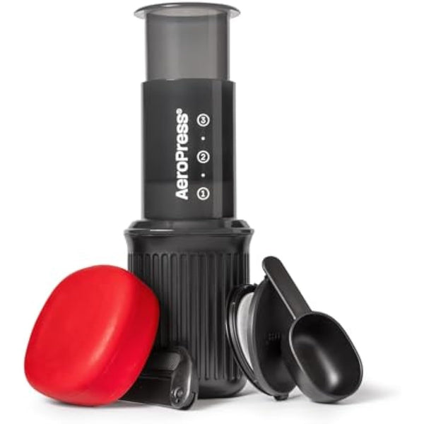 Aeropress Go Portable Travel Coffee Press Kit, 1-3 Cups in a Minute, Coffee, Espresso, & Cold Brew Maker, Manual Coffee Making Machine for Travel, Includes Mug & Lid, Grey