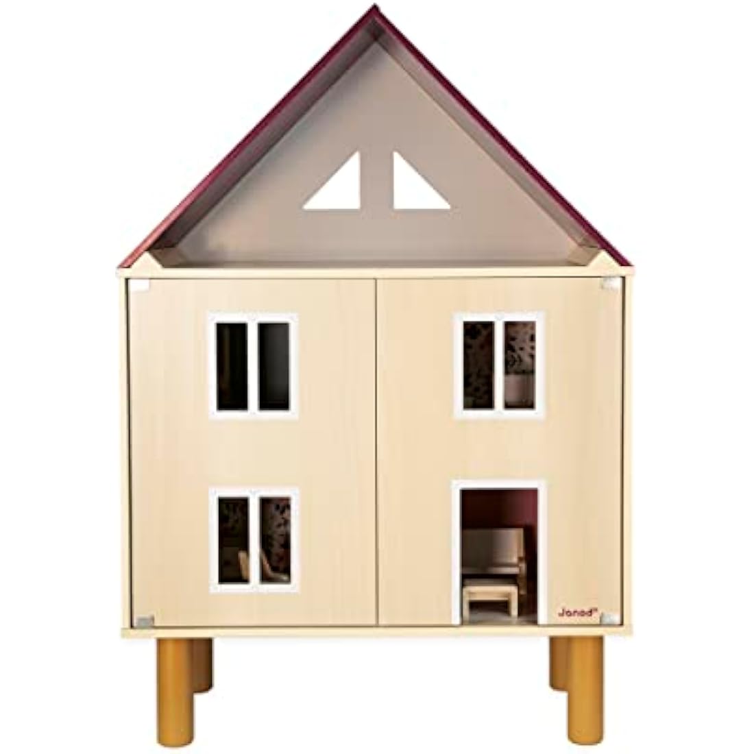 Janod - Twist Wooden Dollhouse - 11 Wood Accessories - Doll Furniture - Magnetic Doors - FSC Wooden Toy - 3 Years +, J06617