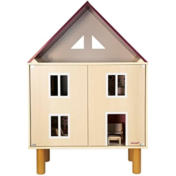 Janod - Twist Wooden Dollhouse - 11 Wood Accessories - Doll Furniture - Magnetic Doors - FSC Wooden Toy - 3 Years +, J06617